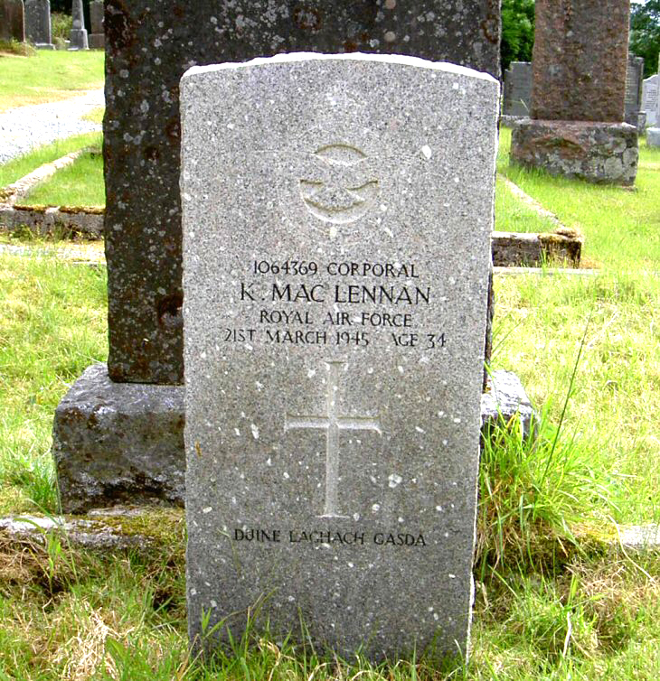 Photo of headstones/Kenneth MacLennan d 1945 RAF hdstn Lochalsh chyd